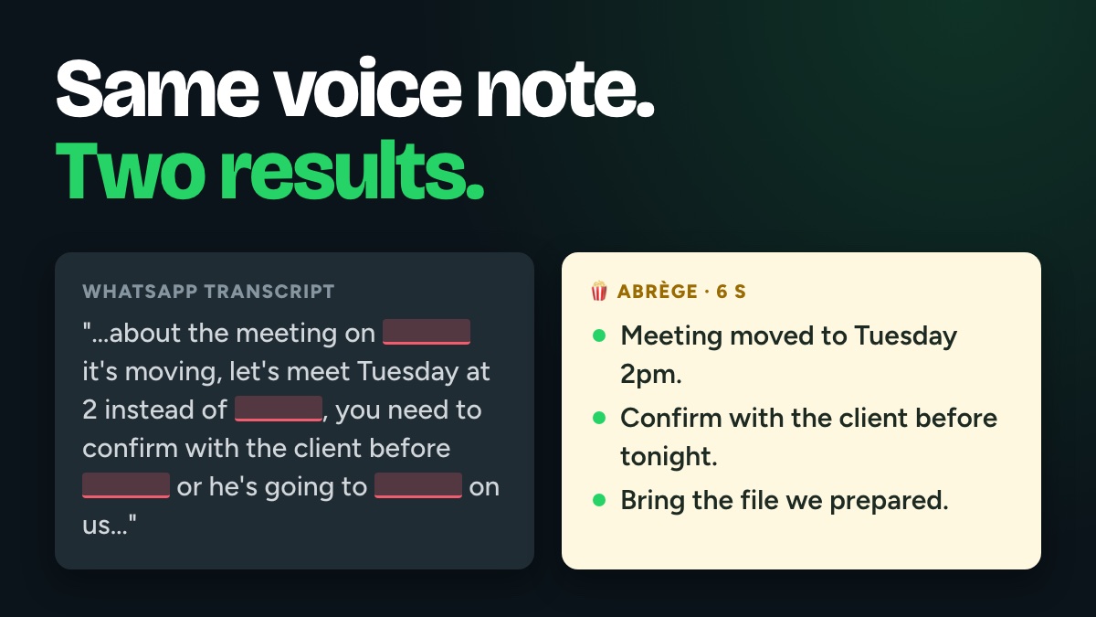 Two WhatsApp bubbles side by side: a transcript with gaps and a four-point summary