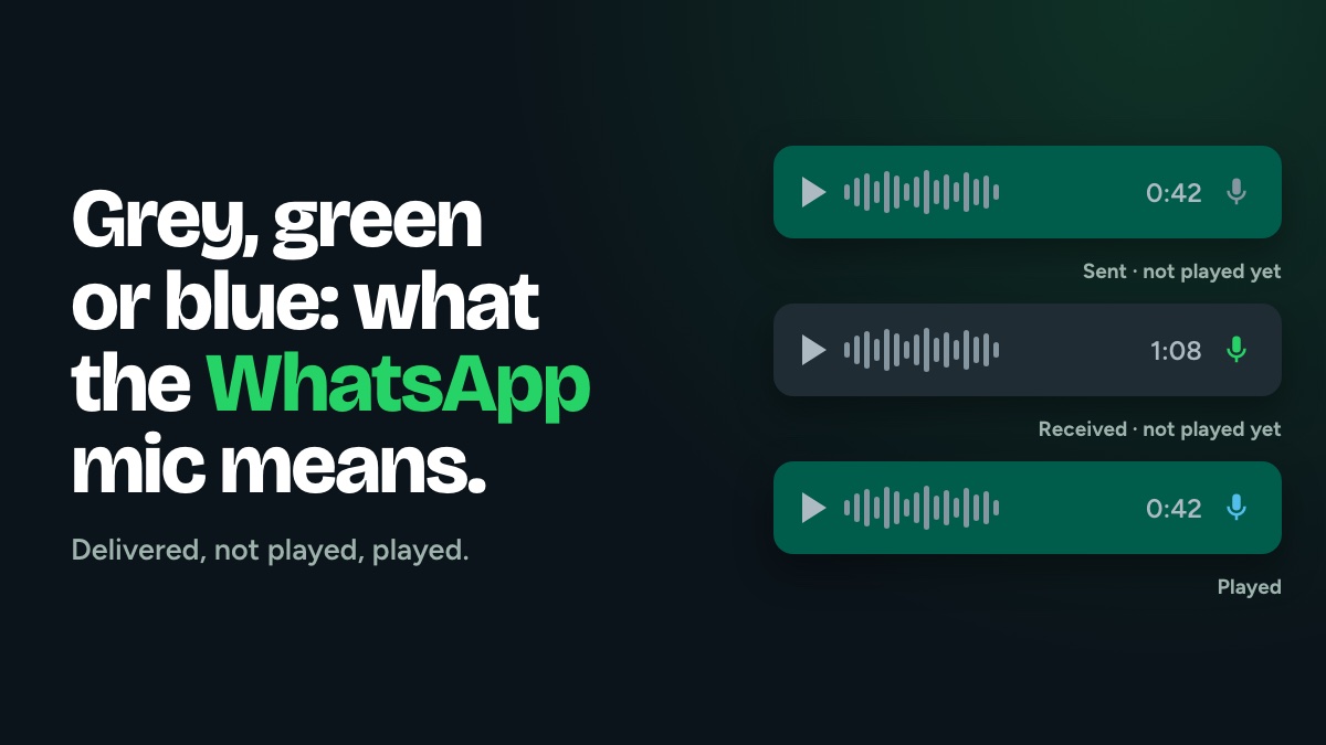 Three WhatsApp voice messages with a grey, a green and a blue microphone icon