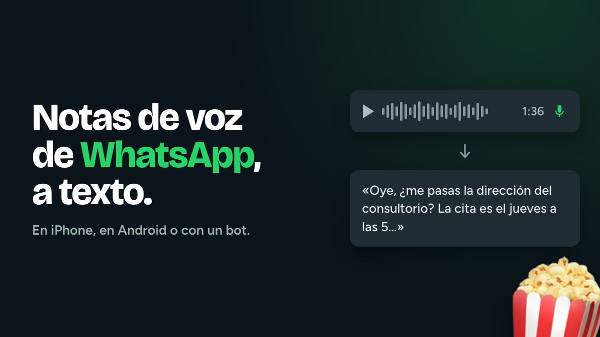 Una nota de voz de WhatsApp en un celular, con su texto transcrito debajo